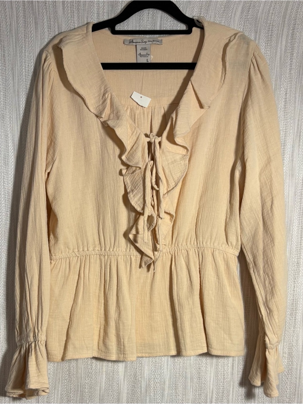 American Rag Cream Ruffle Tie-Front Peplum Blouse boho vibes